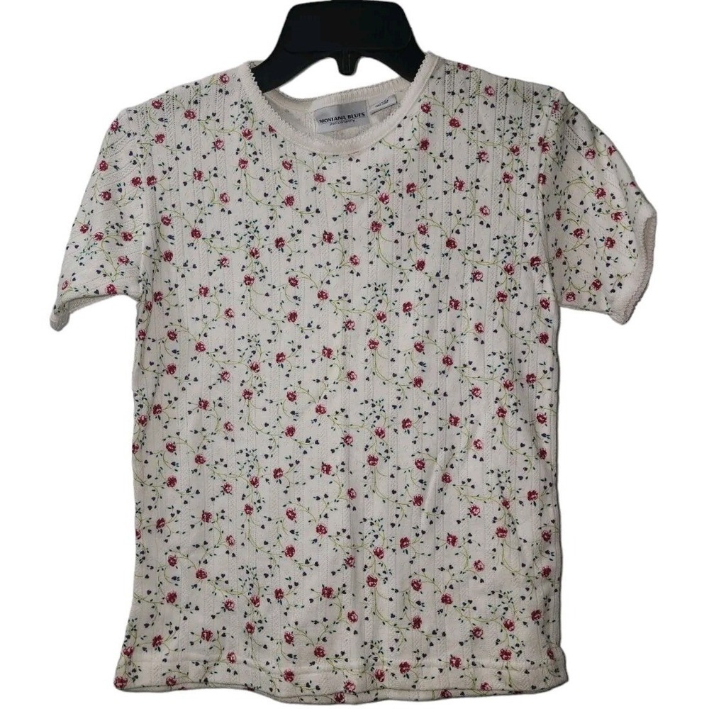 Montana Blues Floral T-Shirt Cottagecore Knit‎ Top Short Sleeve Size S